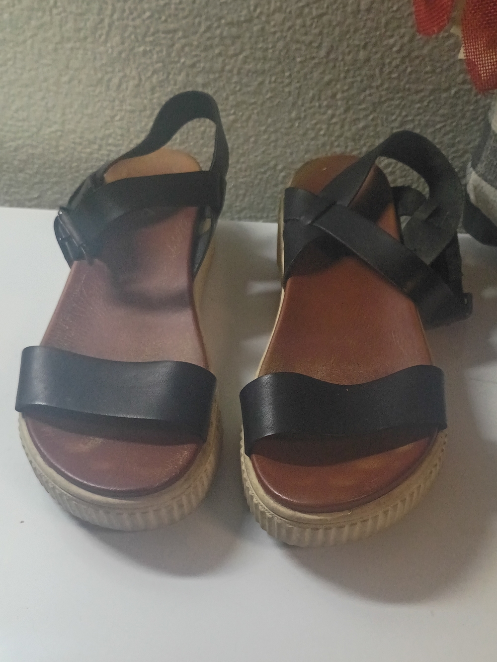 MIA Black Strappy Platform Sandals with Tan Footbed